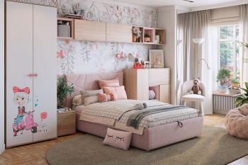 Комплект детской мебели Алина К2 Дуб мария/белый/нежно-розовый велюр в Емельяново - emelyanovo.mebel54.com | фото