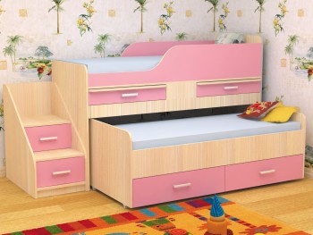 Кровать детская Лесики двухместная 1.8  Дуб молочный/Розовый в Емельяново - emelyanovo.mebel54.com | фото