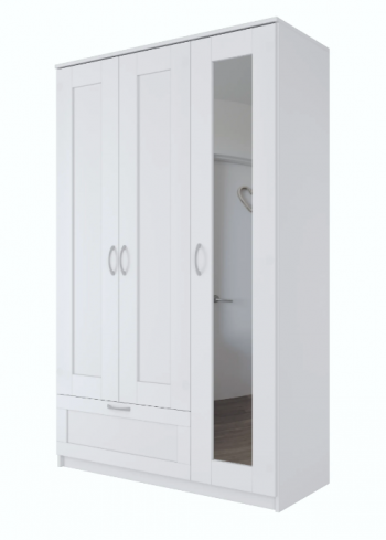 Шкаф трехдверный Сириус с зеркалом и 1 ящиком белый в Емельяново - emelyanovo.mebel54.com | фото
